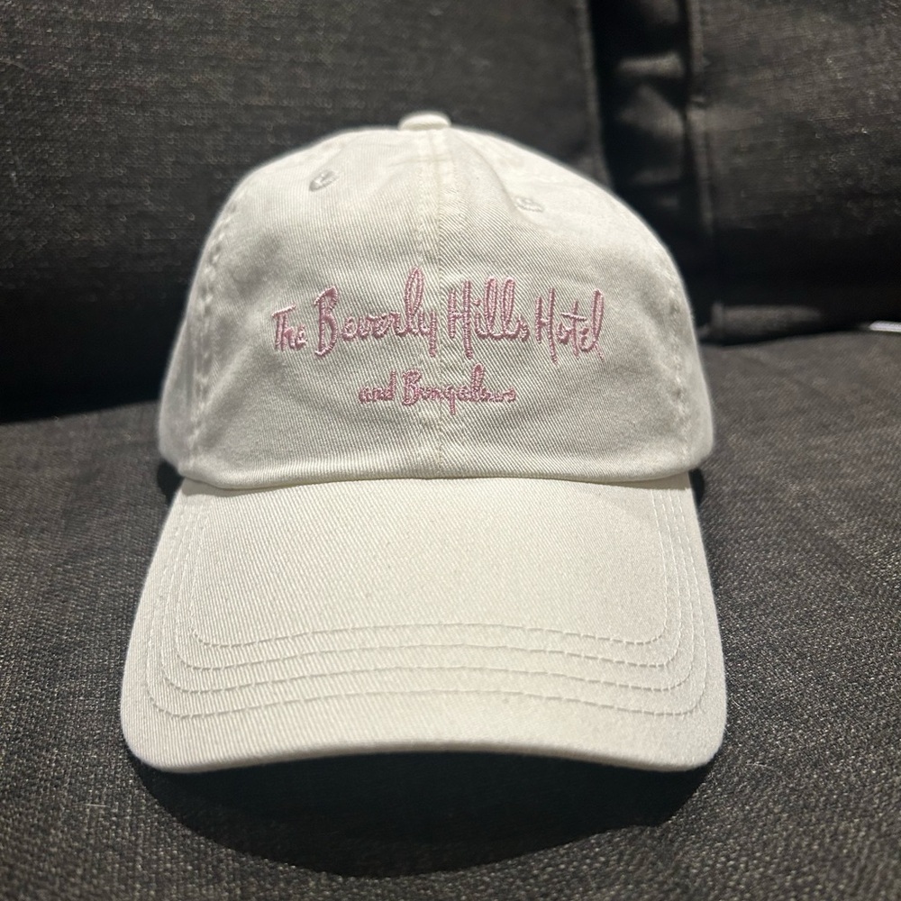 Beverly Hills Hotel & Bungalows Pink Script Logo White Dad Hat Cap